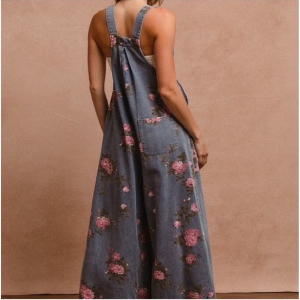 Floral Denim Overalls Wide Leg Pink Rose Print Blue Jean Jumpsuit Womens Medium - Picture 12 of 13